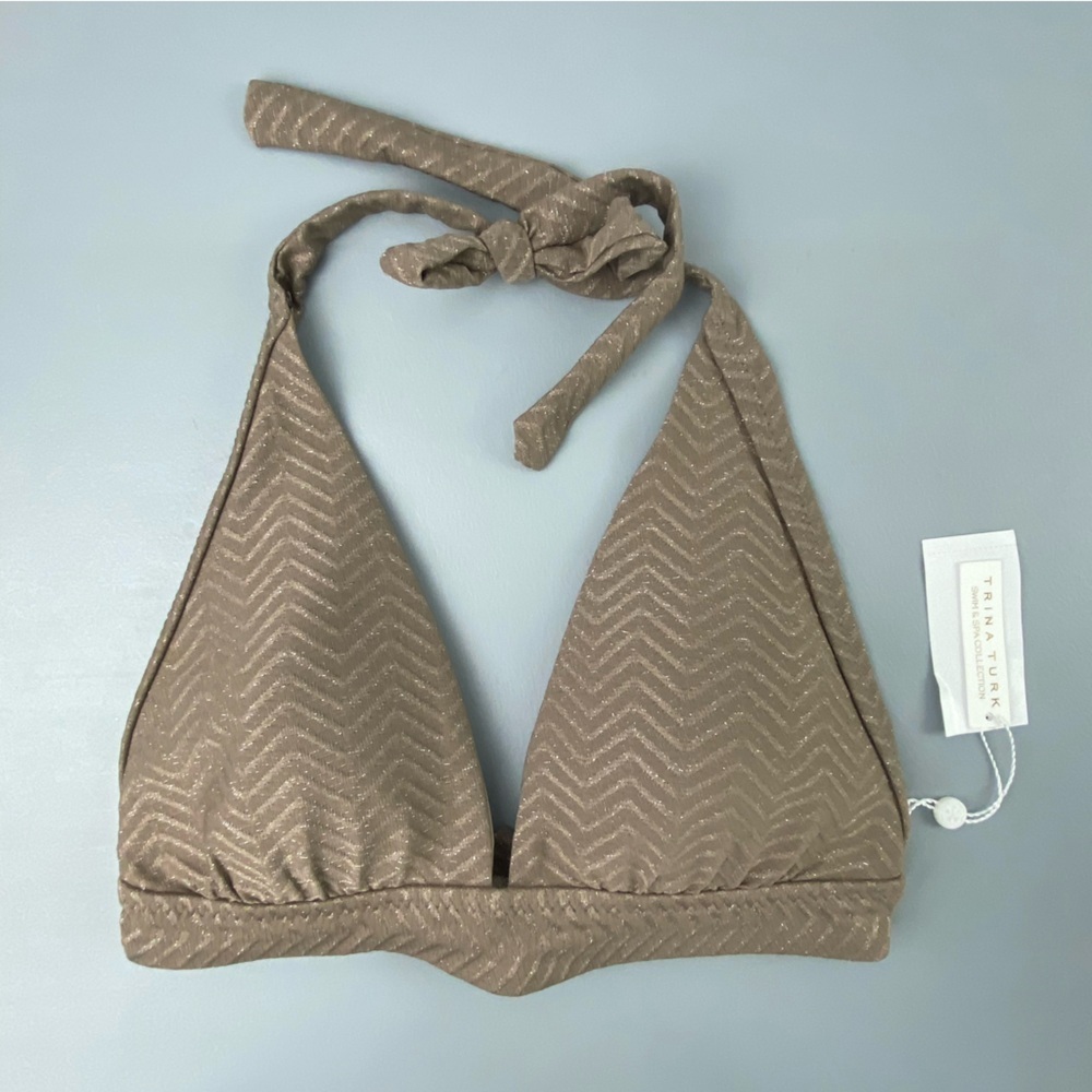 NWT Trina Turk Bronze Lurex Glittery Halter Bikini Top Size 12 - Picture 3 of 9